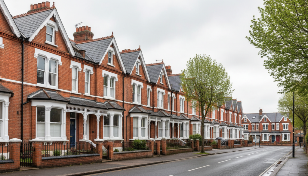 Victorian brick terraced houses with slate pitched roofs and chimney stacks on a Kent street