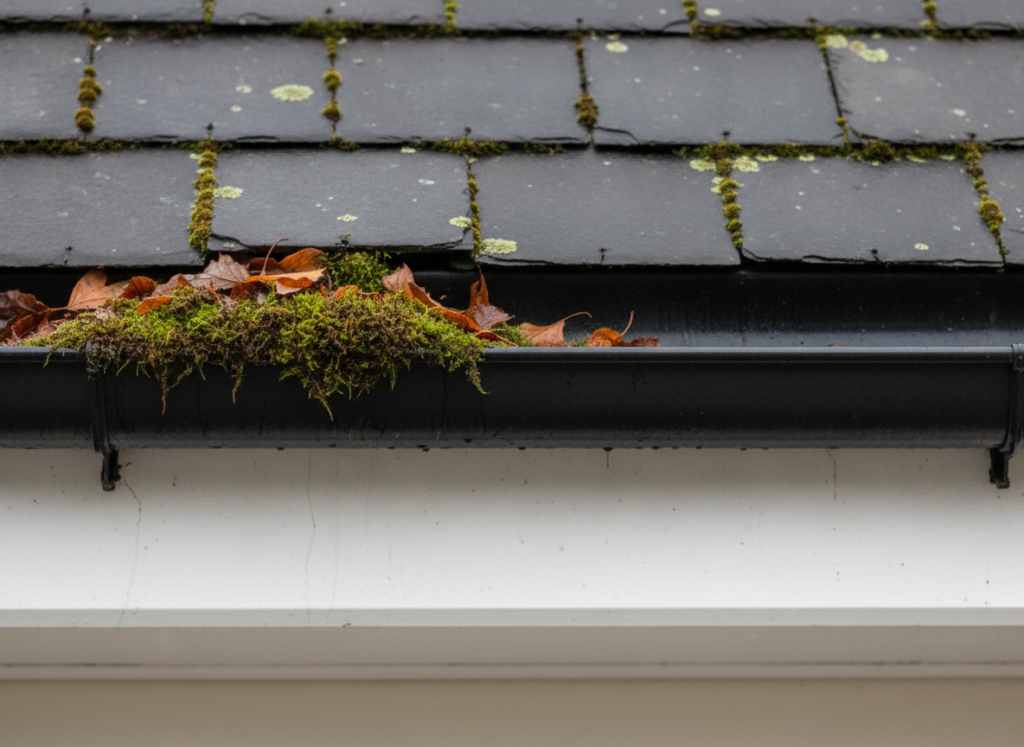 Blocked black uPVC gutter full of moss and fallen leaves beneath a mossy slate roof