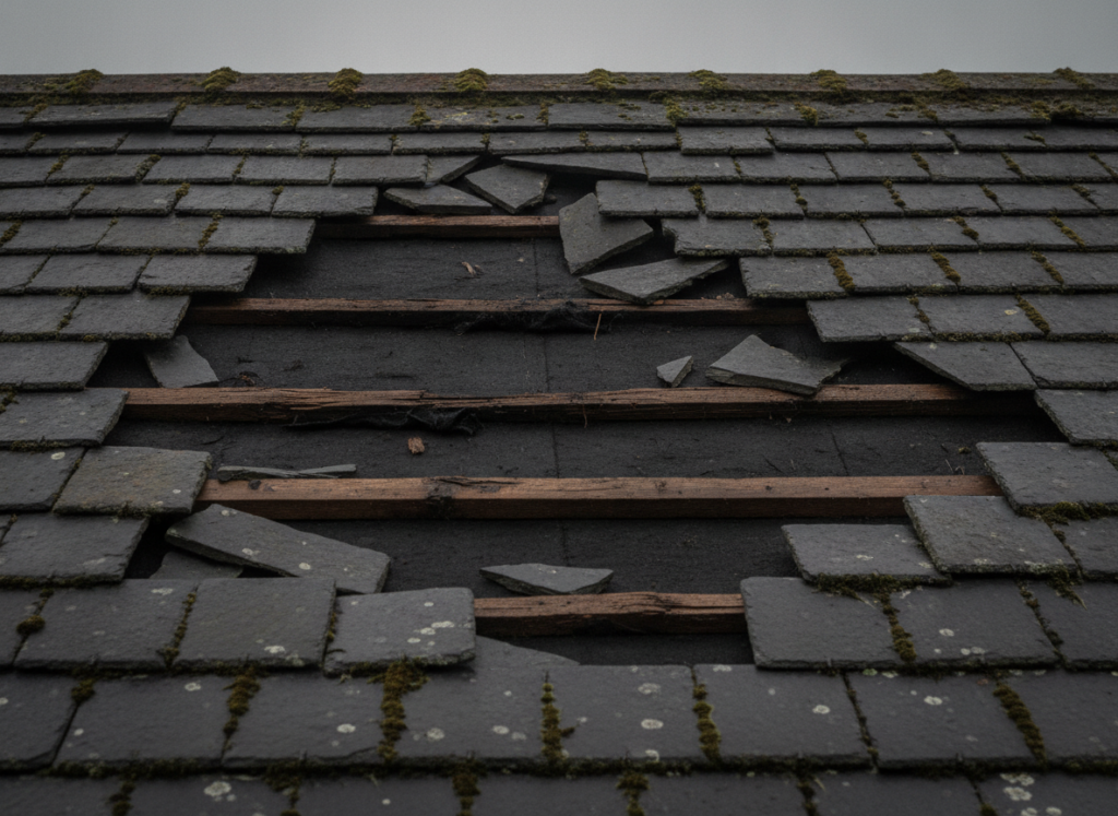 Storm damaged slate roof with slipped and cracked tiles exposing timber battens and felt