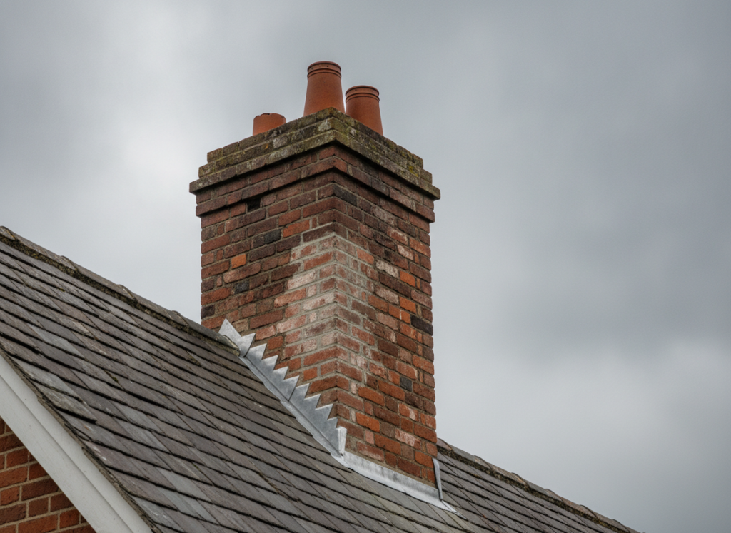 Traditional British brick chimney stack with clay pots, fresh repointing and new lead flashing