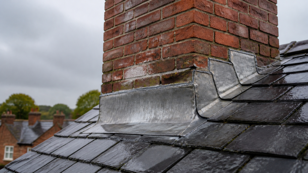 Wet slate roof around a red brick chimney stack with stepped lead flashing and weathered mortar joints
