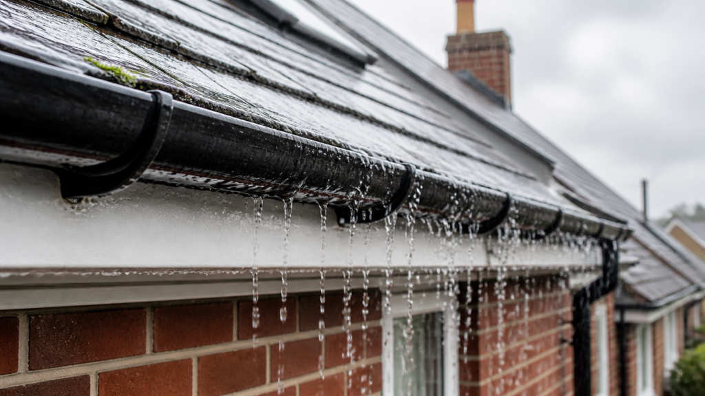 Black gutter overflowing with rainwater along the roofline of a red brick Kent house during heavy rain