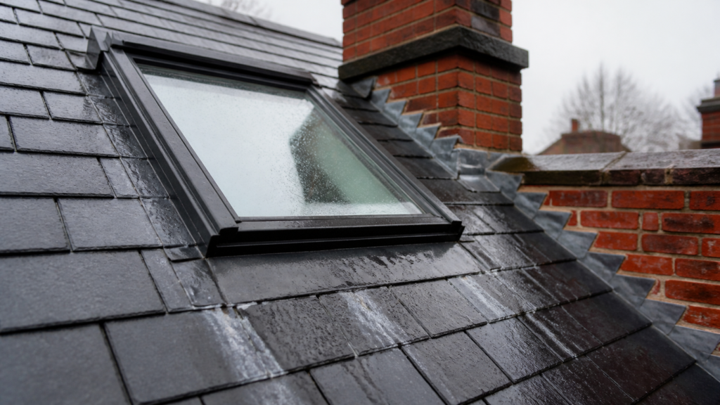 Rain-wet roof window on a slate roof with flashing channels beside a red brick chimney