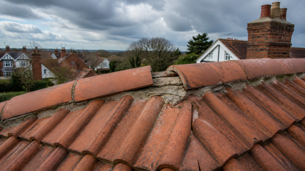 Displaced clay ridge tile with cracked mortar bedding on a pitched roof after high winds