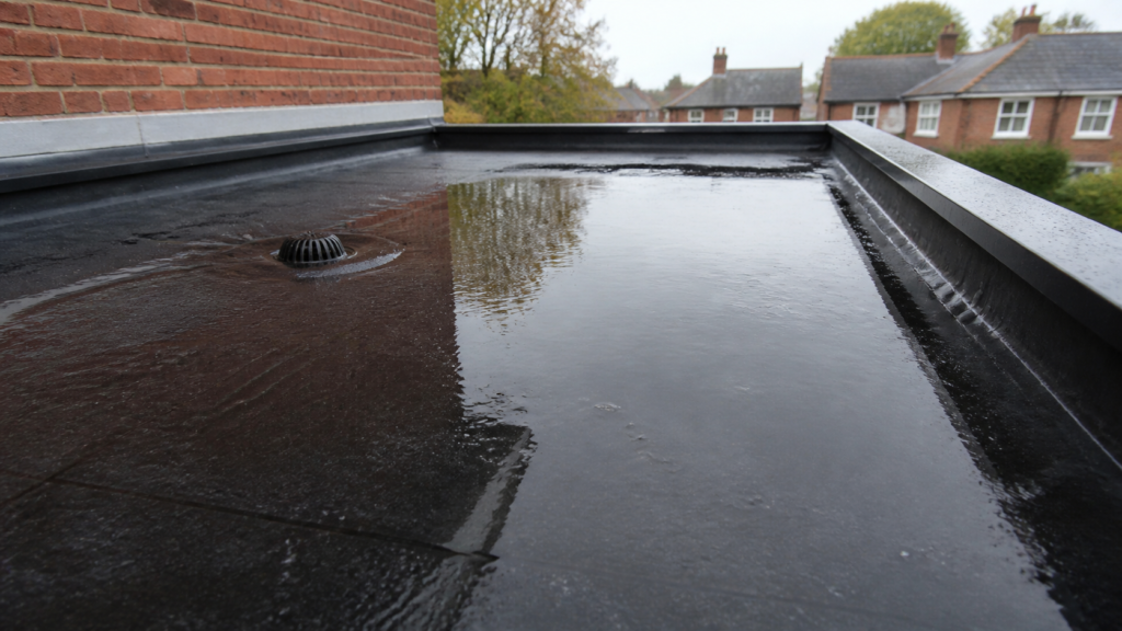 Shallow standing water ponding on a dark flat roof near a roof drain after rain