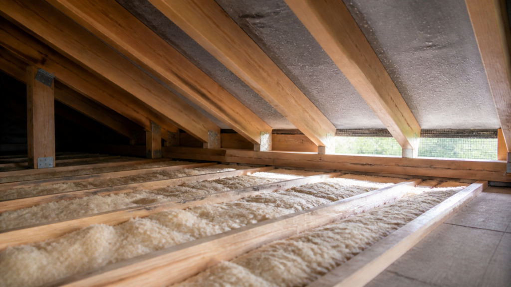 Insulated loft roof space with timber rafters, roofing underlay and daylight entering through eaves ventilation