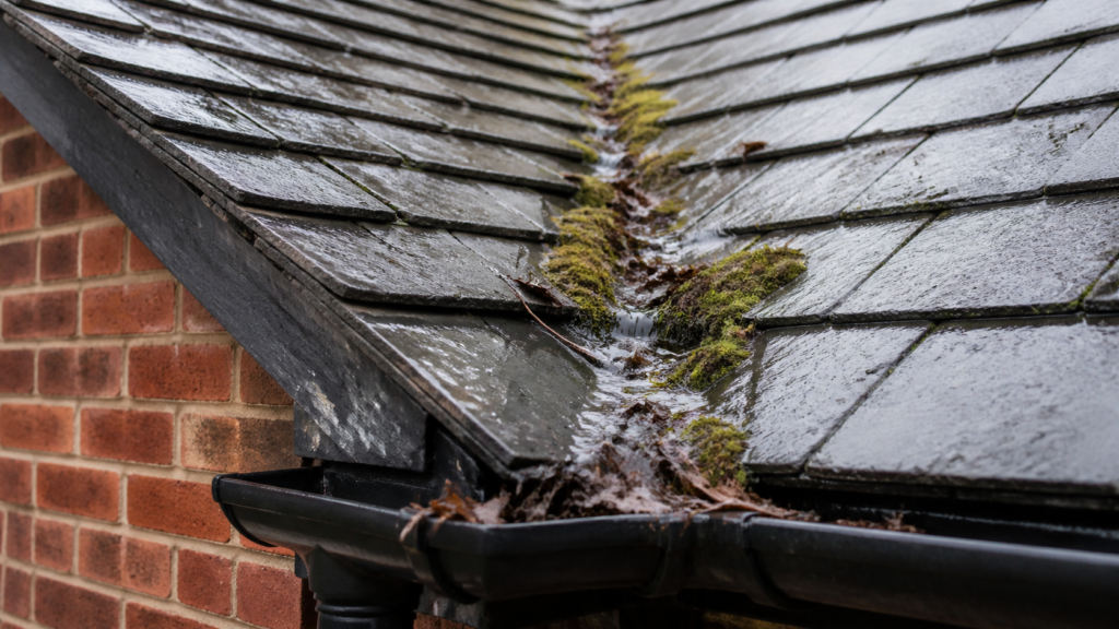 Blocked slate roof valley with moss and leaves channeling rainwater into a black gutter on a red brick Kent house