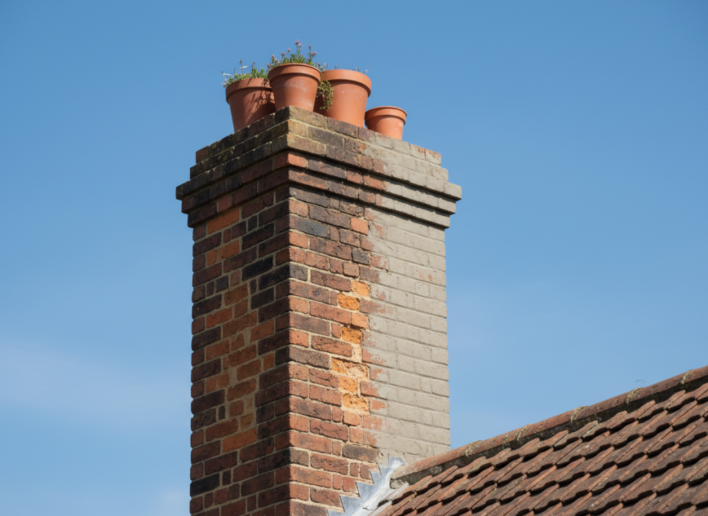 Tall brick chimney stack with clay pots, weathered mortar joints on one face and freshly repointed brickwork on the other