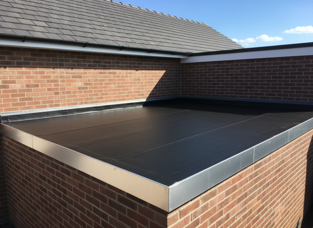 Newly laid black EPDM flat roof on a brick rear extension with aluminium edge trim and the pitched house roof behind