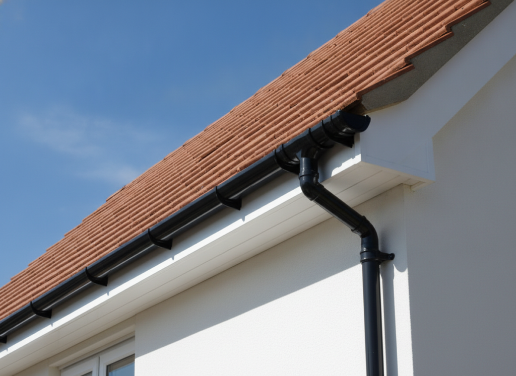 New white uPVC fascia and soffit with black half round guttering and downpipe along the eaves of a house