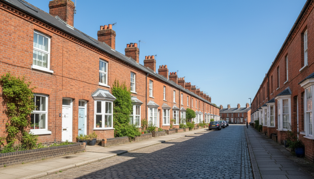 Sunlit street of red brick Victorian terraced houses in Kent with slate roofs and brick chimney stacks under a clear blue sky