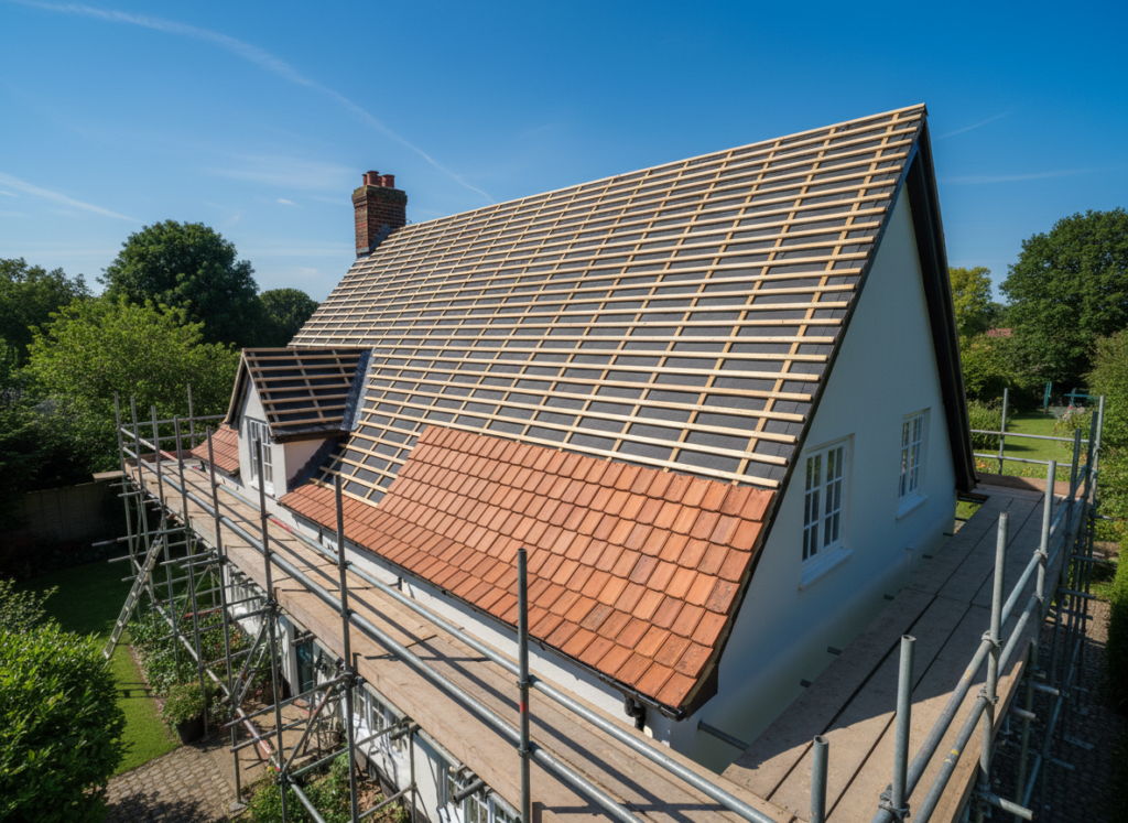 House being re-roofed in bright sunshine with new timber battens exposed and fresh clay tiles part laid, scaffolding around the eaves