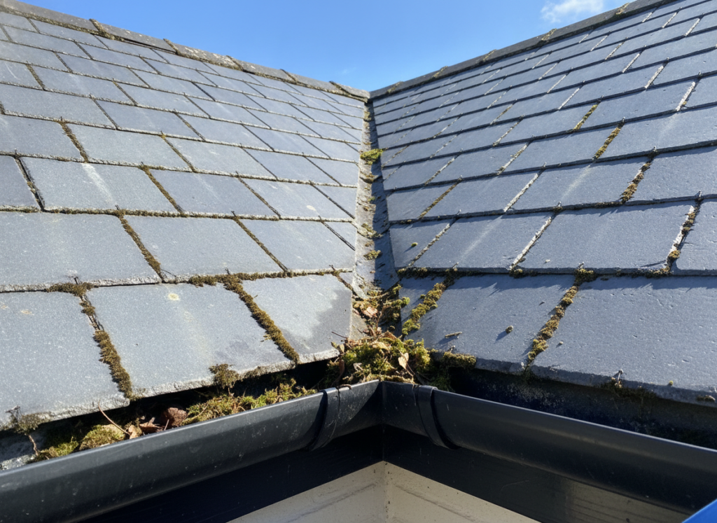 Roof valley and black uPVC gutter on a slate roof choked with moss and fallen leaves under a bright blue sky