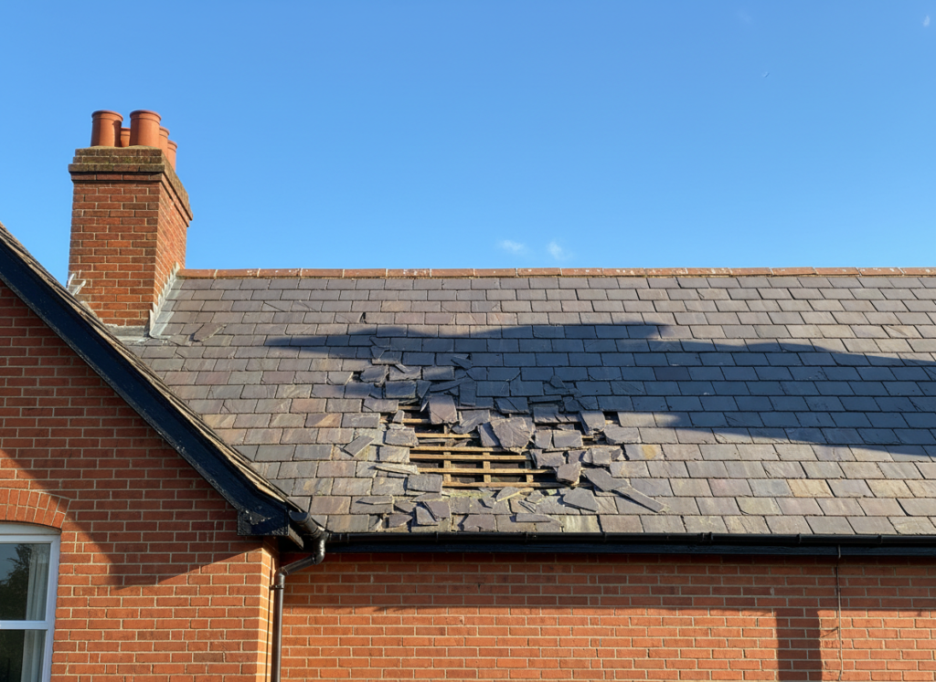 Slate roof on a red brick house in bright sunlight with a section of slipped and broken slates exposing the timber battens