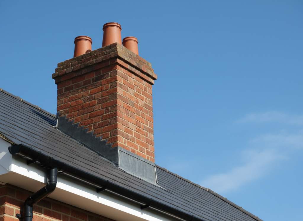 Red brick chimney stack with clay pots and stepped lead flashing above white uPVC fascia and black guttering on a slate roof