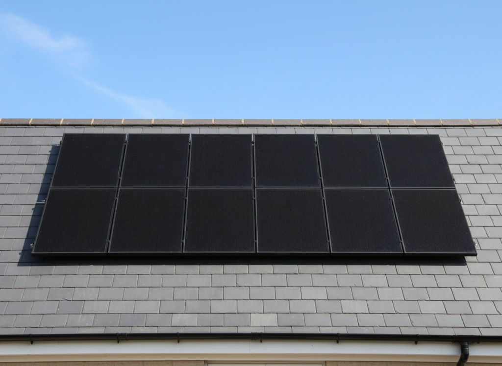 Twelve black solar panels in two neat rows on a clean grey slate roof beneath a clear blue sky