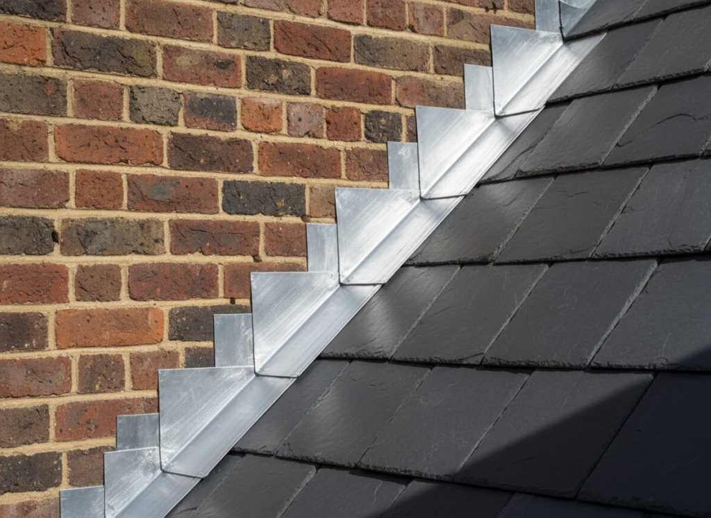 New stepped lead flashing dressed into the mortar courses where a slate roof abuts a red brick wall