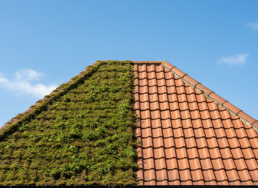 Clay tile roof with one slope buried under thick green moss and the adjoining slope cleaned back to bare tile