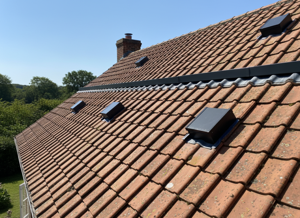 Clay tile roof fitted with black tile vents across the slope and a ventilated dry ridge along the ridge line