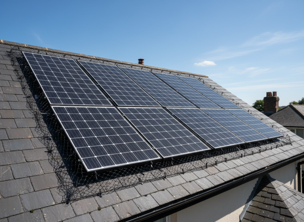 Solar array on a slate roof enclosed with black mesh bird proofing clipped around the full perimeter of the panels