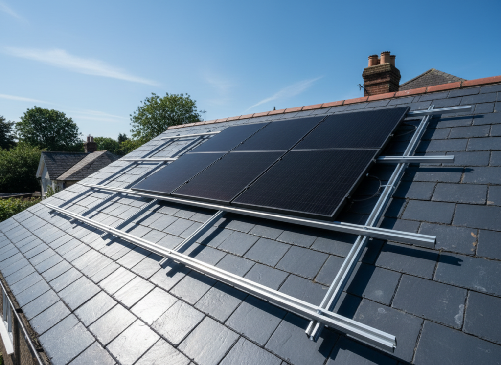Solar panel installation part complete on a slate roof with aluminium mounting rails fitted and the first panels in place