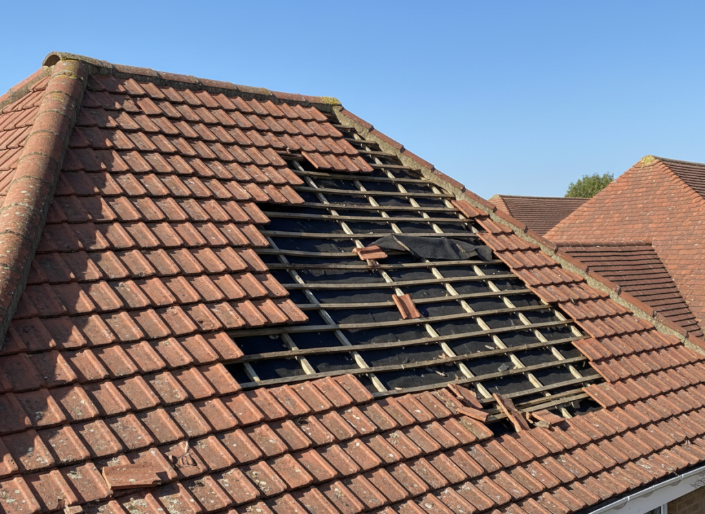 Storm damaged clay tile roof with a large area of tiles blown off exposing the battens and torn felt beneath